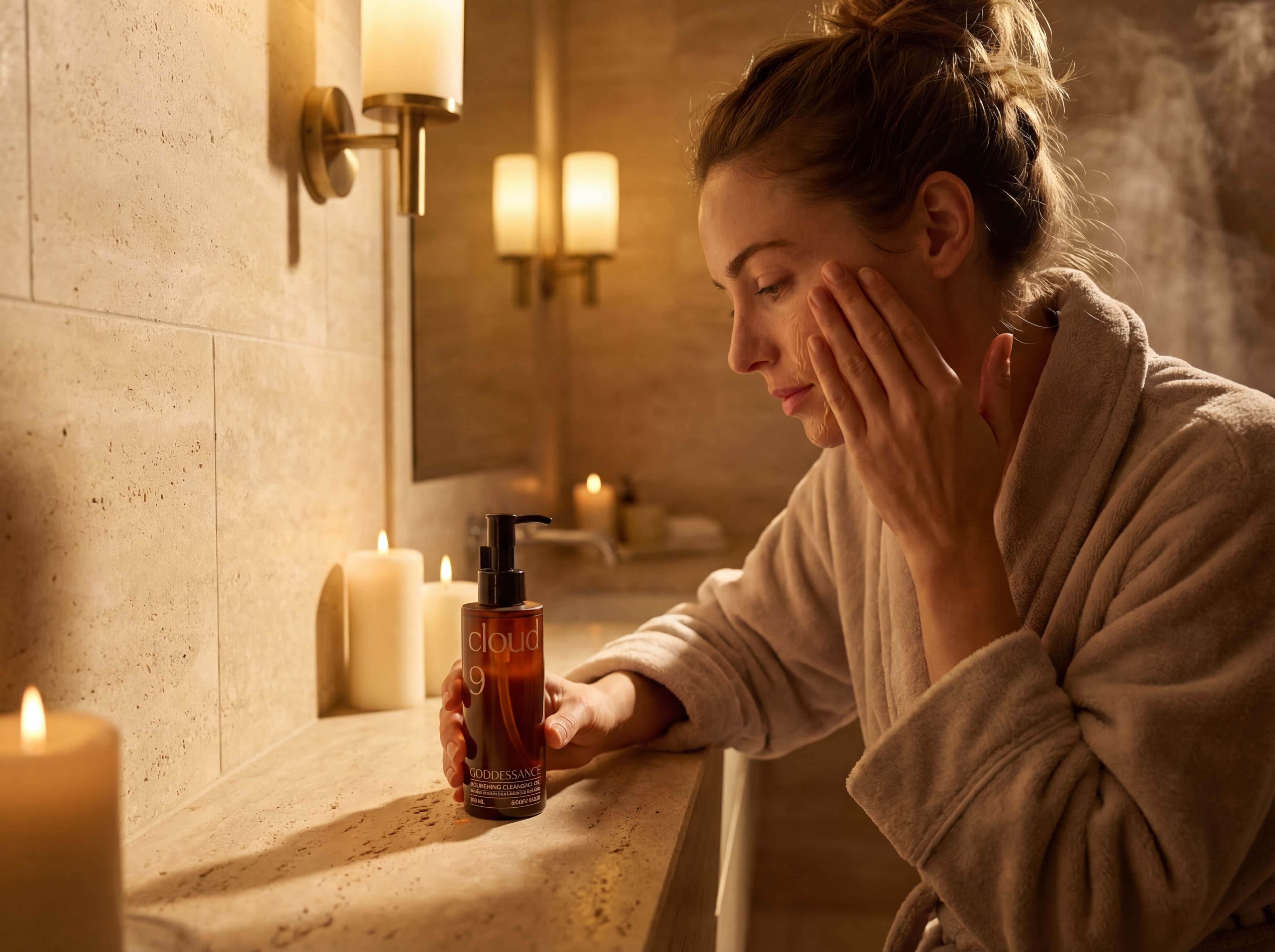 Woman at a candlelit bathroom mirror holding a skincare bottle